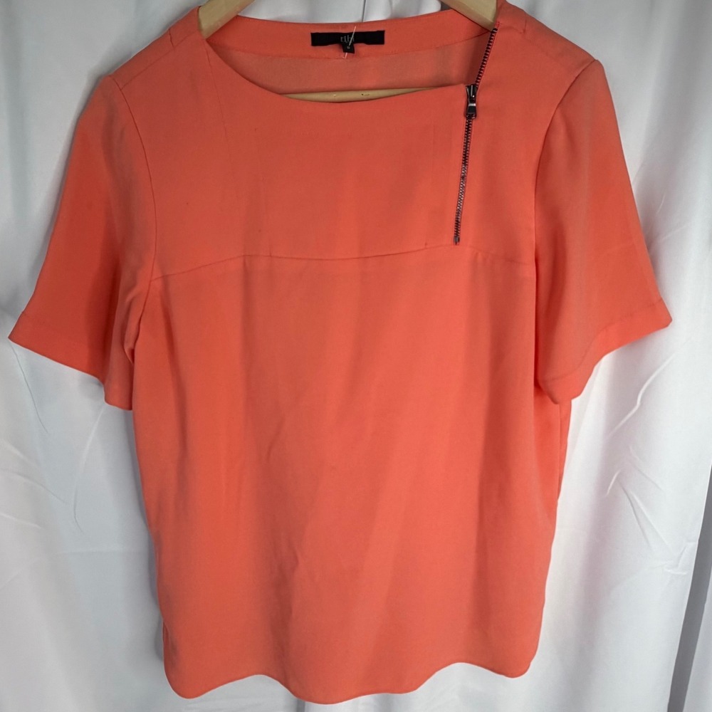 Tibi New York Coral Orange Asymmetrical Zip Short Sleeve Blouse Top Size 6